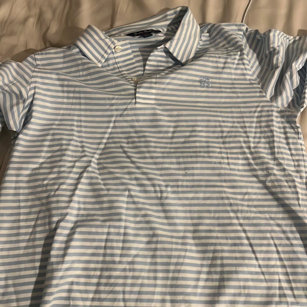 Brooks Brother Kids Large Light Blue and White Striped TShirt with 3 Buttons